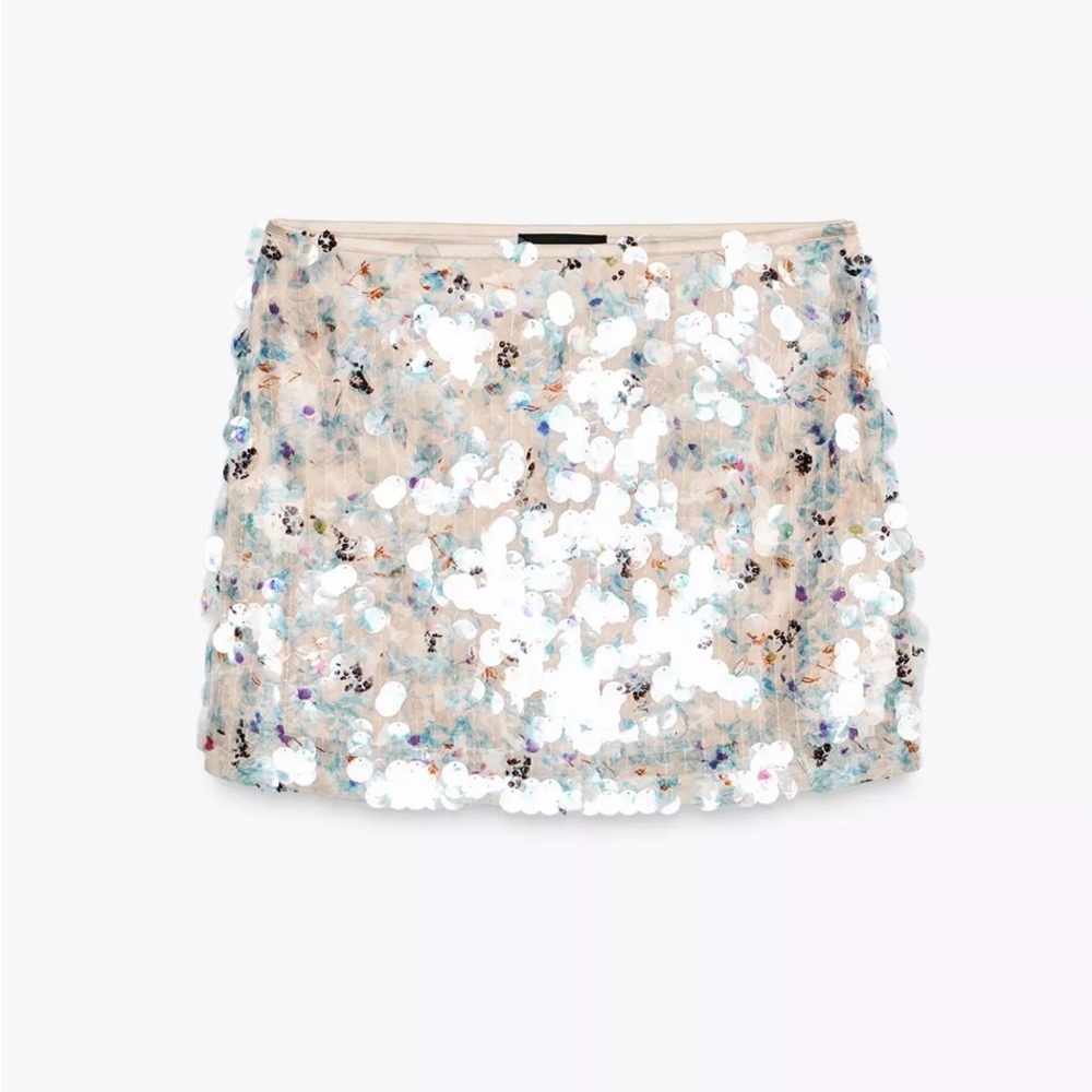 Zara Sparkling Sequin Mini Skirt - Cream and Silver